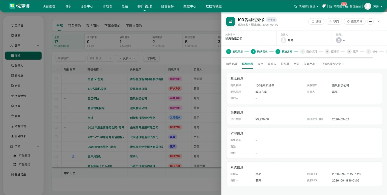 商机详情，展示跟进阶段、基本信息与销售资料