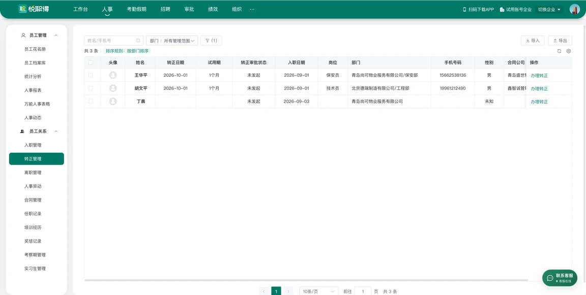 转正管理列表，展示试用期、转正日期与审批状态