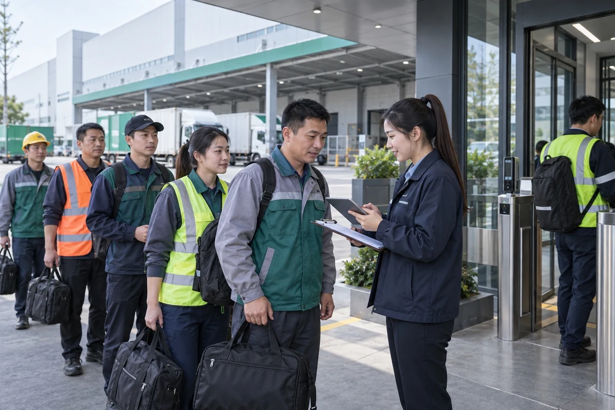 劳务服务场景示意:现场协调人员为员工办理岗位签到
