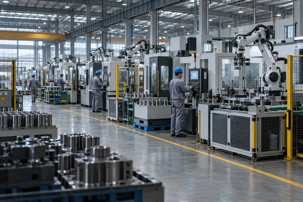 生产制造场景示意:现代工厂精密加工生产线与技术人员