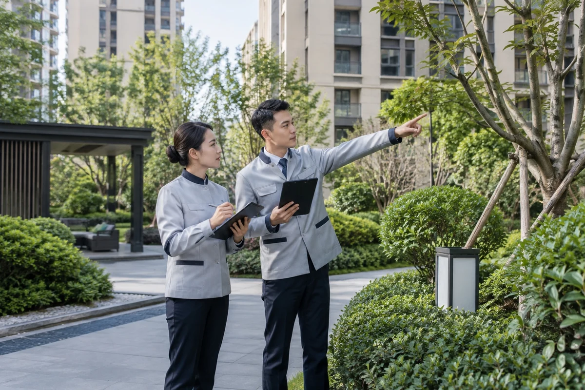 地产服务场景示意:物业人员在住宅社区巡检并记录工作