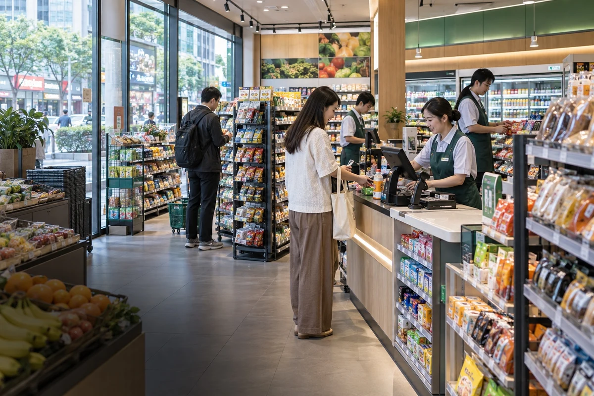 零售连锁场景示意:门店员工在货架和收银台服务顾客